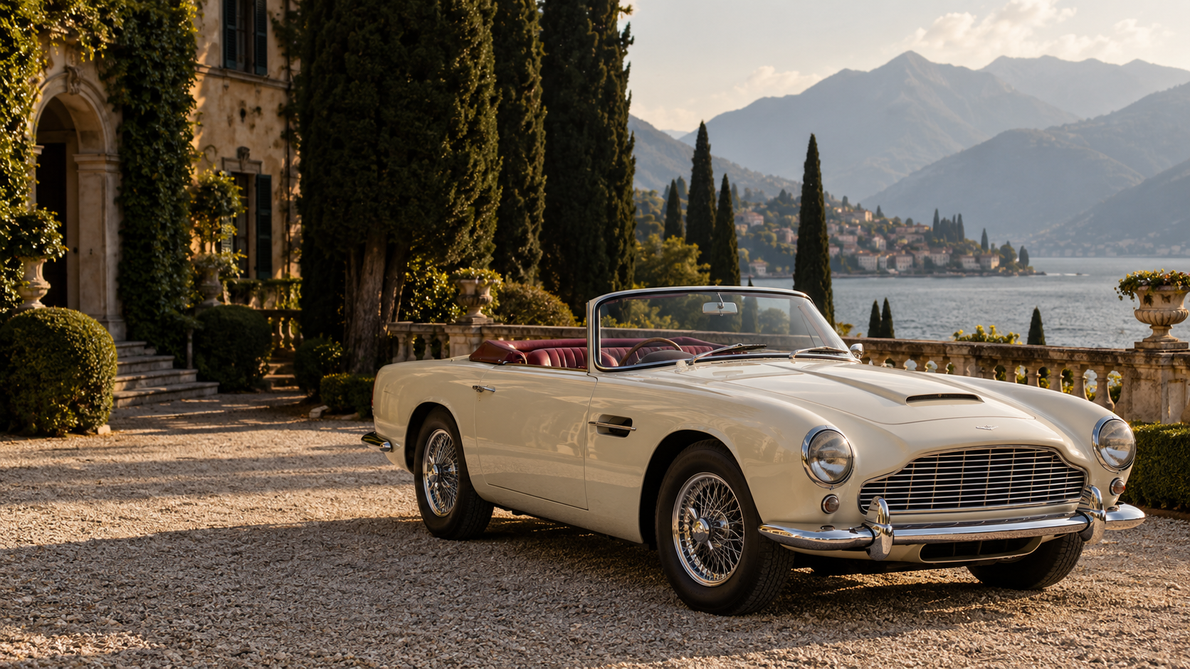 Auto classica color avorio davanti a una villa italiana sul lago, immagine d’atmosfera