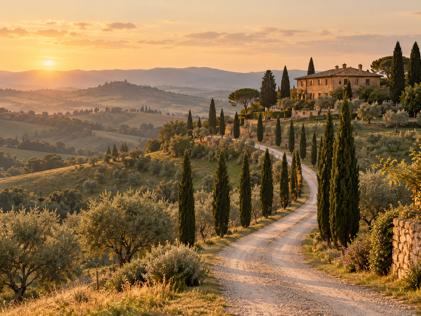 Colline toscane e un viale di cipressi, immagine d’atmosfera